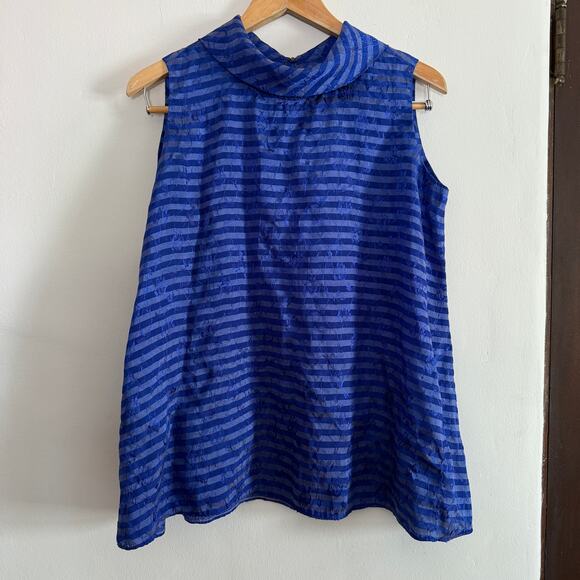 Vintage Blue Tonal Striped Jacquard Trapeze Top with Fold over Collar Large - Picture 1 of 7